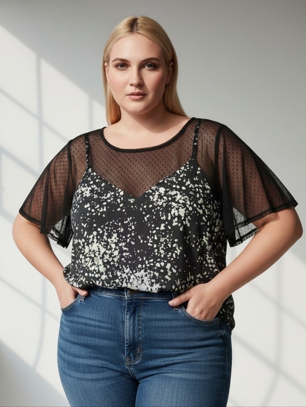 Michel Studio Black Sheer-Layered Satin Splatter Short Sleeve Top